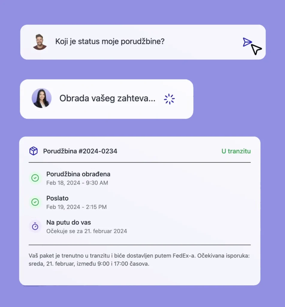 AI agent odgovara korisniku na pitanje o statusu porudžbine i prikazuje sve faze isporuke