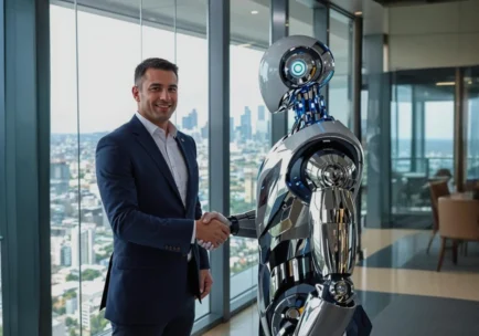 Poslovni čovek u odelu rukuje se sa futurističkim AI robotom u modernoj kancelariji sa pogledom na grad.