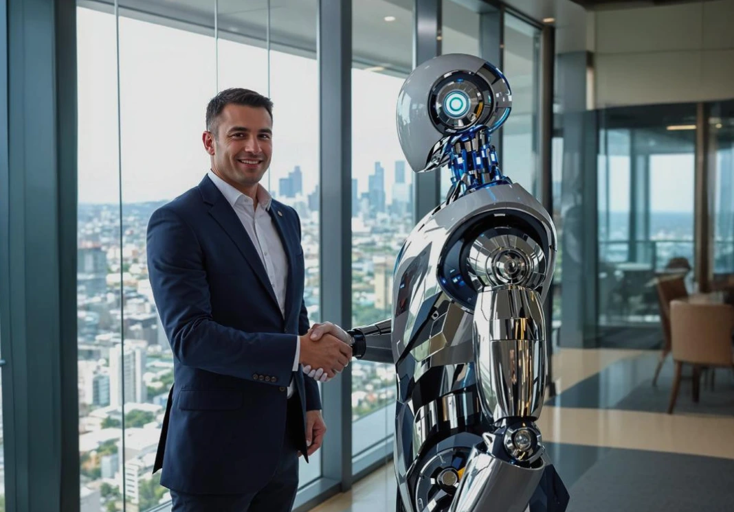 Poslovni čovek u odelu rukuje se sa futurističkim AI robotom u modernoj kancelariji sa pogledom na grad.
