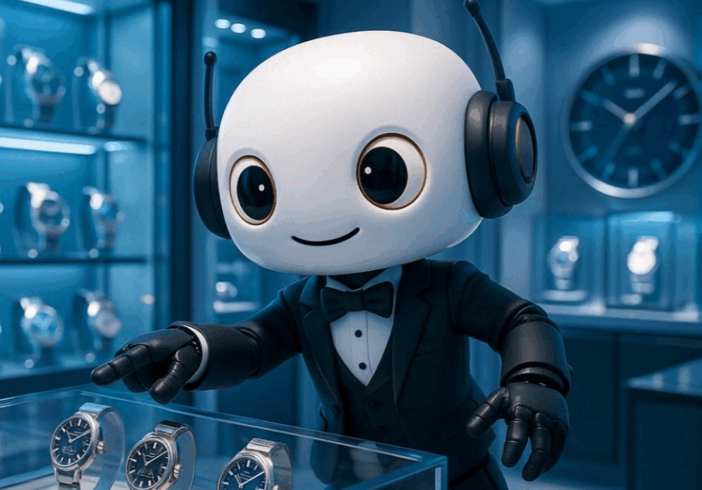 Robot AI agent stoji u prodavnici satova i nakita, simbolizujući automatizovanu korisničku podršku.