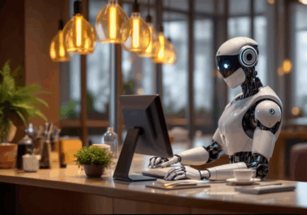 AI Agent / AI Chatbot u obliku humanoidnog robota radi za recepcijskim pultom u modernom hotelu.