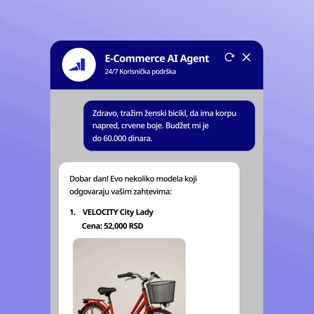 AI Agent AI Chatbot preporučuje crveni ženski bicikl u skladu s budžetom kupca