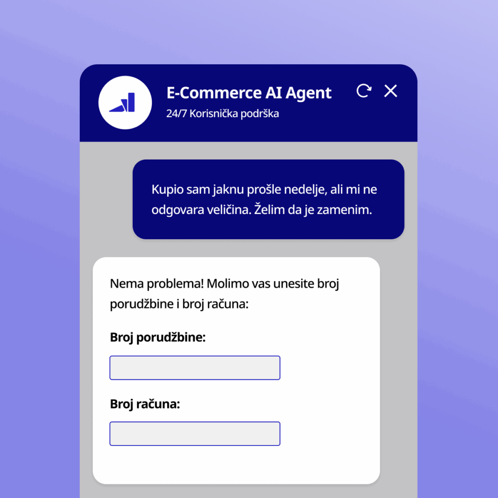 AI agent u chatu traži broj porudžbine i računa radi zamene proizvoda