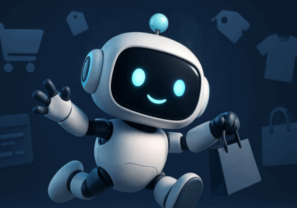 Fotorealistični simpatični AI chatbot robot s torbom, simbol AI agenta za e-commerce prodavnicu