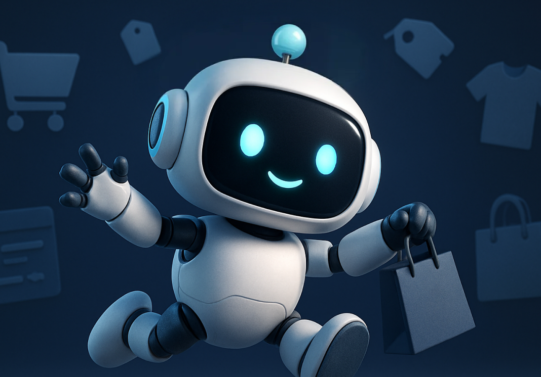 Fotorealistični simpatični AI chatbot robot s torbom, simbol AI agenta za e-commerce prodavnicu