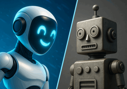 Ilustracija razlike između AI chatbota i običnog chatbota — moderni robot sa veštačkom inteligencijom naspram skriptovanog, zastarelog bot sistema. Vizuelno prikazuje napredak u korisničkoj podršci kroz AI tehnologiju.