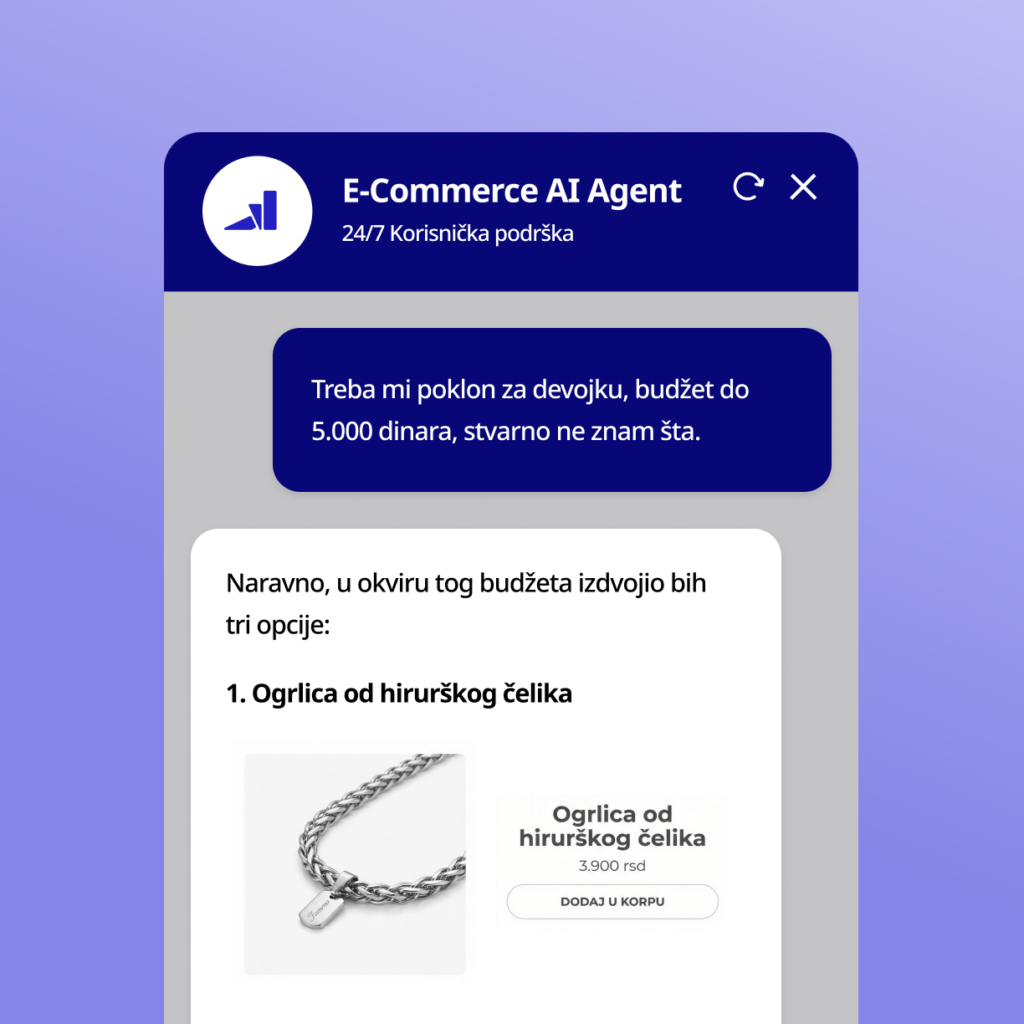 AI chatbot za online prodavnicu preporučuje poklon na osnovu budžeta i preferencija kupca