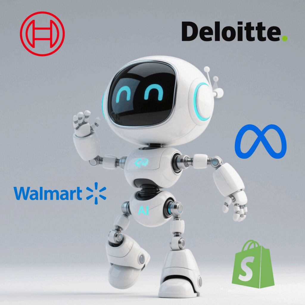 Simpatični beli AI robot stoji ispred logotipa Bosch-a, Deloitte-a, Meta-e, Walmart-a i Shopify-ja, simbolizujući njihove interne AI chatbot projekte.