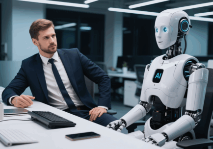 Biznis profesionalac u kancelariji sedi pored humanoidnog robota-asistenta – simbol internog AI chatbota za kompanije