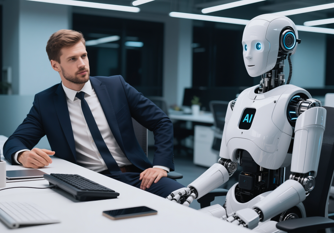 Biznis profesionalac u kancelariji sedi pored humanoidnog robota-asistenta – simbol internog AI chatbota za kompanije