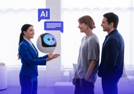 AI chatbot i agent za nekretnine komuniciraju sa klijentima uz pomoć digitalnog asistenta u modernom prostoru.