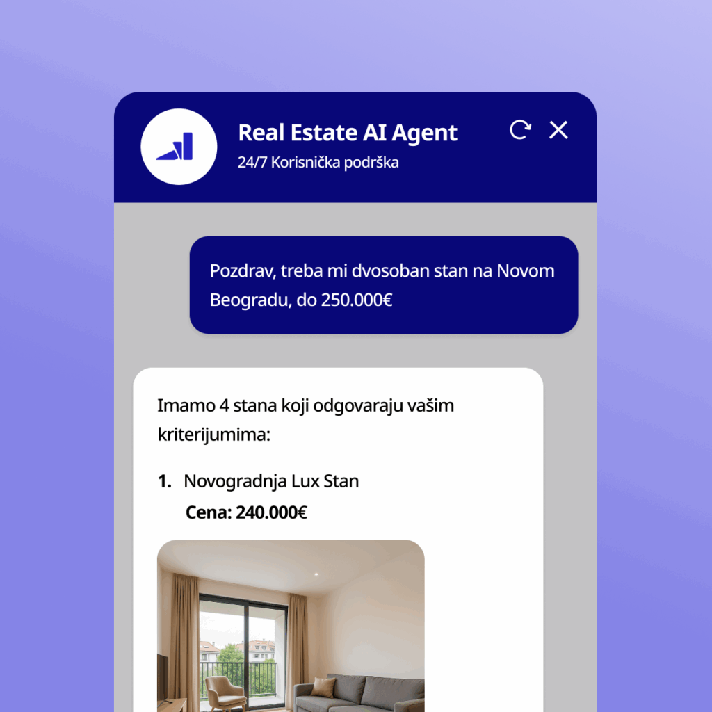 AI agent za nekretnine predlaže stanove korisniku na osnovu budžeta i lokacije u Beogradu.
