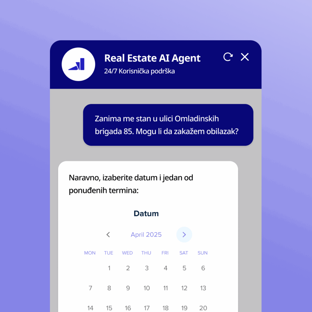 AI chatbot za nekretnine prikazuje korisniku kalendar za zakazivanje termina za obilazak stana.