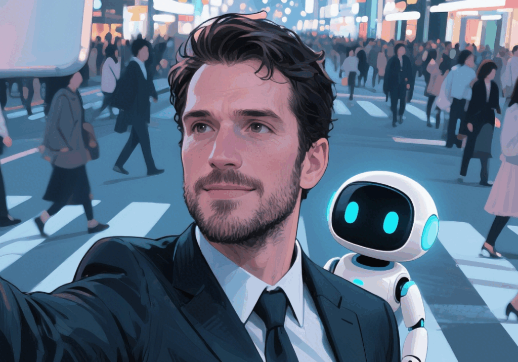 Uspešan poslovni čovek u odelu sa AI agentom u vidu malog robota na ramenu, simbol uspešne implementacije AI chatbota u firmu.