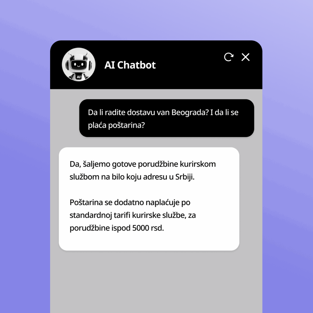 AI chatbot daje informacije o dostavi štampe van Beograda i uslovima za poštarinu