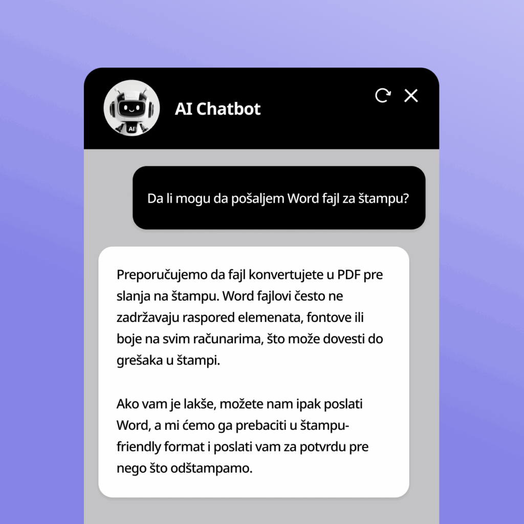 AI Chatbot objašnjava korisniku zašto je bolje poslati PDF umesto Word fajla za štampu