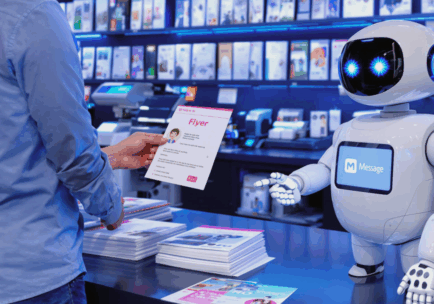 Slika prikazuje simpatičnog robota AI čatbota koji u štamparskoj radnji pruža flajer mušteriji – simbolizujući automatizovanu korisničku podršku i digitalnu asistenciju u realnom okruženju.