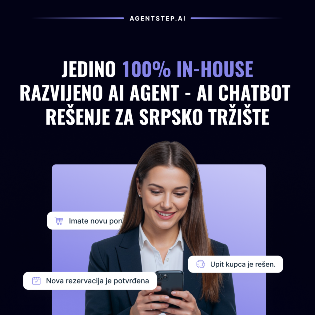 Agentstep implementacija AI chatbot rešenja za srpsko tržište - poslovna žena koristi telefon sa notifikacijama o novim porukama, rešenim upitima i potvrđenim rezervacijama
