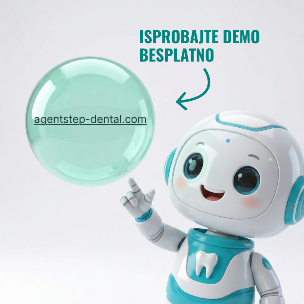 AI asistent za stomatološke ordinacije - ilustracija robota sa pozivom da isprobate demo na agentstep-dental.com