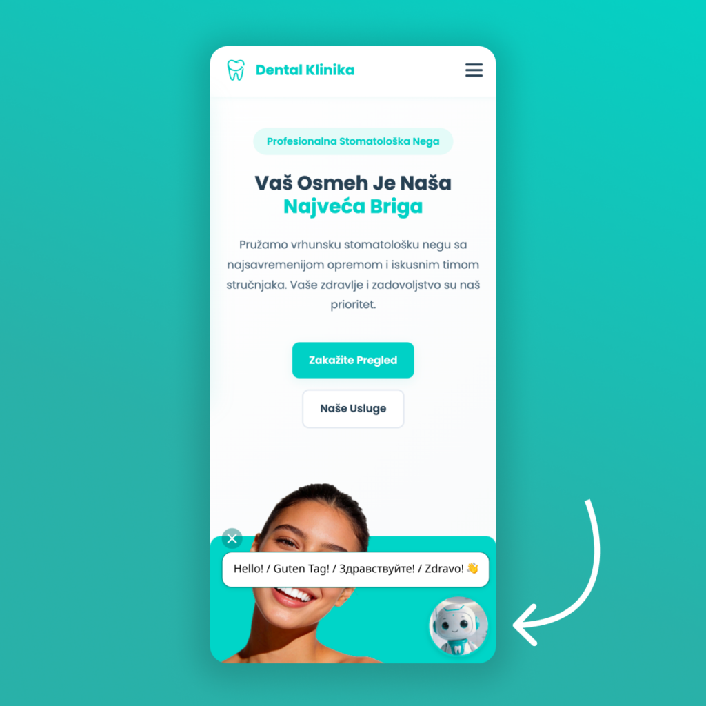 Prikaz AI chatbota na sajtu stomatološke ordinacije koji pozdravlja pacijente na više jezika - engleski, nemački, ruski i srpski
