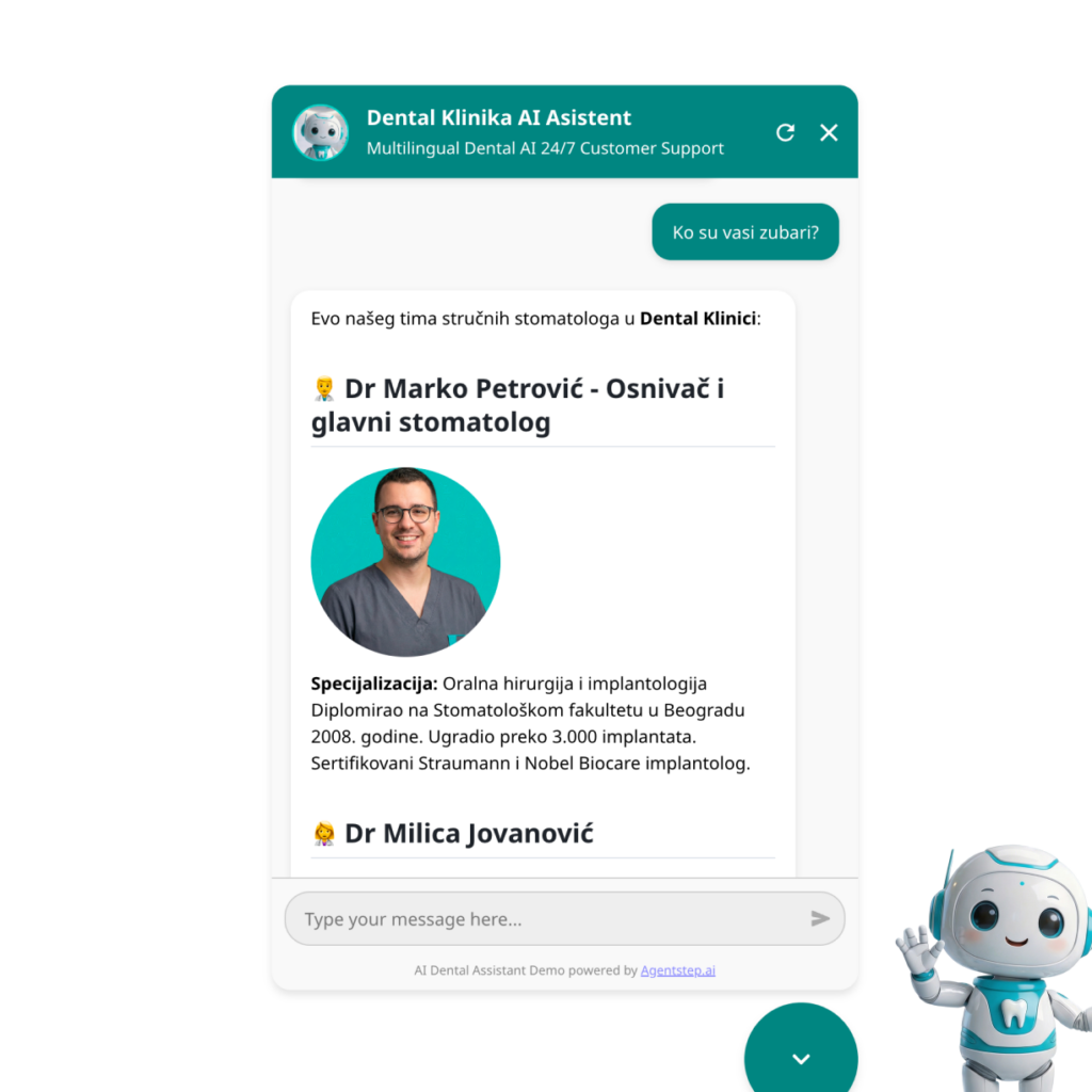 AI chatbot prikazuje informacije o stomatološkom timu sa fotografijama, specijalizacijama i iskustvom lekara