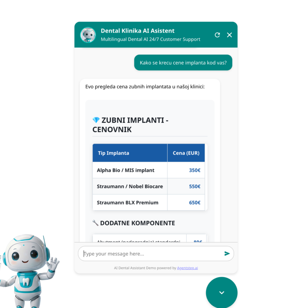 AI chatbot prikazuje cenovnik zubnih implantata sa cenama različitih tipova implantata u eurima