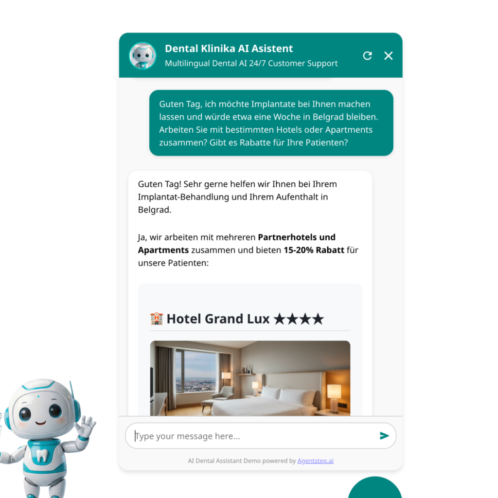 AI chatbot za stomatološku ordinaciju odgovara na nemačkom jeziku o partnerskim hotelima i smeštaju za strane pacijente