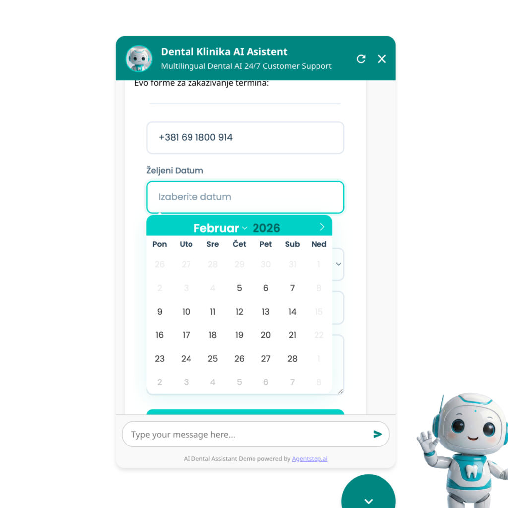 AI chatbot sa formom za zakazivanje termina u stomatološkoj ordinaciji - izbor datuma iz kalendara
