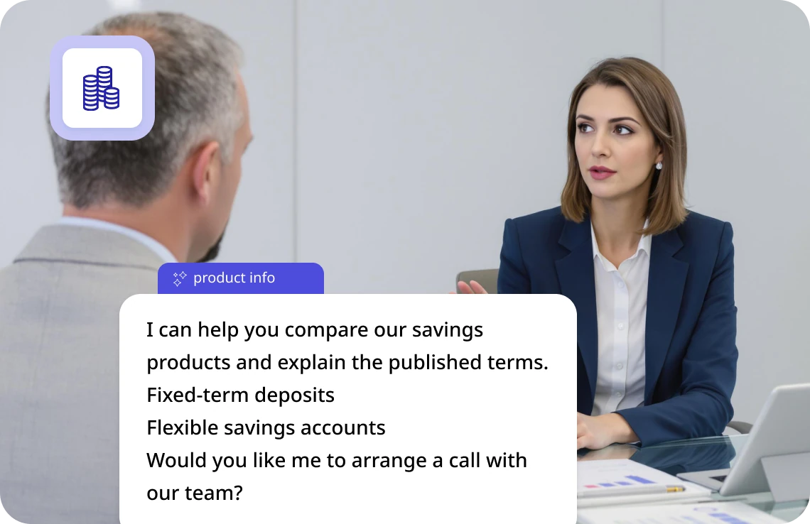 AI assistant explaining approved savings product information